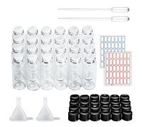 LUCKNIGHT 24 Botellas de Vidrio Transparente de 5 ml con Tapa Negra de Rosca, Kit de Muestras de Aceite Esencial con Embudos, Pipetas, Arandelas y Etiquetas, Ideal para Aromaterapia y Manualidades