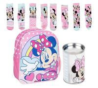 Mochila Infantil 3D de Minnie Mouse Rosa 25x10x31 cm en Poliéster + Pack de 4 Calcetines infantiles diseño Minnie Talla 31-34