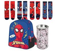 Lucky Boxer Mochila Infantil de Spiderman Azul 25x31x10 cm con Detalles en 3D + Pack de 4 Calcetines infantiles diseño Spiderman Talla 31-34