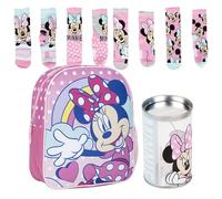 Mochila Infantil Escolar de Minnie Mouse Rosa 25x20x29cm en Poliéster + Pack de 4 Calcetines infantiles diseño Minnie Talla 31-34