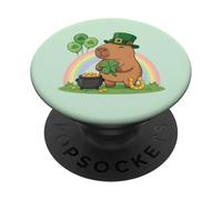 Lucky Capybara Holding Clover Irish Rainbow Día de San Patricio PopSockets PopGrip Adhesivo