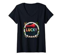Lucky Dauber Bingos Charm Clover Juego Noche Diversión Camiseta Cuello V, Mujer, Negro, L