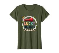Lucky Dauber Bingos Charm Clover Juego Noche Diversión Camiseta, Mujer, Verde Oliva, L