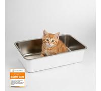 Lucky-Kitty Caja de arena para gatos de acero inoxidable, 40 x 30 x 10 cm, absolutamente a prueba de fugas, pequeña, inodora e higiénica (blanco Kitten)