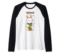 Lucky Rabbit Maneki Neko Bunny Flor de Cerezo japonés Camiseta Manga Raglan