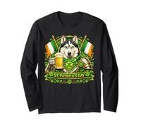 Lucky Siberian Husky St Patrick’s Day Green Beer Shamrock Manga Larga