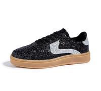 LUCKY STEP Zapatillas Mujer Glitter - Moda Retro, Chispantes & Brillantes, Zapatos de Boda Elegantes, Antideslizantes para Caminar (Negro/Plata, 10US-41EU-8UK)