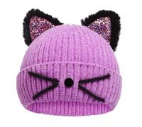 LUCKYBUNNY Gorro de punto de ganchillo con orejas de gato para mujer y niña, Estilo de lentejuelas de colores: morado, talla única
