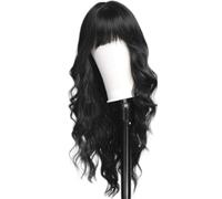 LUCKYHHM Peluca rubia larga ondulada for mujer, con raya al medio, sin flequillo, de fibra sintética rizada, ideal for fiestas y cosplay.(Black#)
