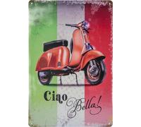 LuckyLinde Cartel de chapa retro vintage de 30 x 20 cm para fans de los scooters de Italia - Ciao Bella - Bandera de Italia