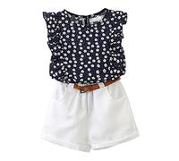 Luckywaqng Pantalones cortos patchwork cinturón conjunto niña sin mangas ropa casual blusa + flores 2 piezas a juego trajes y conjunto de cuello alto bebé, Blanco, 3-4 años