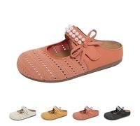 Luckywaqng Zapatos planos Zapatillas de estar por casa Mujer Casual Trasero Abierto Pantuflas Con Perlas Ahuecas Transpirables Zapatos de Senderismo Punta Redonda Sandalias Slip On Zapatos de Caminar