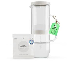 LUCY® Jarra Filtradora de Agua, Incluye Filtros Purificadores CLARITY PAD, Reduce Cal, Cloro, Metales Pesados y Microplásticos, Jarra Agua Cristal con Filtro (2L) Flujo Rápido, Apta Para Frigorífico