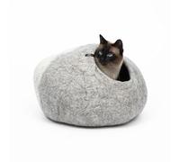 LucyBalu® Cueva de Fieltro para Gatos, Cama Natural de 100% Lana Mullida, Hecha a Mano en Nepal, 45 x 45 x 28 cm, Gris Claro/Blanco
