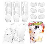 LucyStudio Reutilizables Tazas de Postre con Tapas 50 Piezas Transparentes Cuadrados Vasos de Postre de Plástico 5oz 160ml Mini Duro Vasitos Aperitivos Copas de Postre para Pudín Mousse Tiramisú