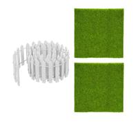 LUDHEP Set 2 Tapetes de Césped Artificial 15×15cm + 1 Rollo de Valla Miniatura 90×3cm, para Maquetas, Dioramas y Micro Paisajes, Musgo Sintético Flexible
