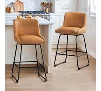 LUE BONA 360°Giratorio Juego de 2 Taburetes Altos de Cocina,66cm Taburete de Bar con Reposapiés y Respaldo,Taburetes Cocina con Piel Sintética Asiento,para Cocina,Comedor,Bar,Marrón