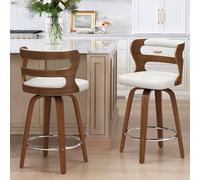 LUE BONA 360°Giratorio Juego de 2 Taburetes Altos de Cocina Madera,66cm Taburete de Bar con Reposapiés y Respaldo Reposabrazos,Madera Taburetes Cocina,para Cocina,Comedor,Bar,Blanco + Nogal