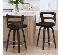 LUE BONA 360°Giratorio Juego de 2 Taburetes Altos de Cocina Madera,66cm Taburete de Bar con Reposapiés y Respaldo Reposabrazos,Madera Taburetes Cocina,para Cocina,Comedor,Bar,Negro + Nogal Oscuro