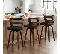 LUE BONA 360°Giratorio Juego de 3 Taburetes Altos de Cocina Madera,66cm Taburete de Bar con Reposapiés y Respaldo Reposabrazos,Madera Taburetes Cocina,para Cocina,Comedor,Bar,Negro + Nogal Oscuro