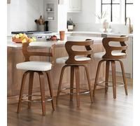 LUE BONA 360°Giratorio Juego de 3 Taburetes Altos de Cocina Madera,66cm Taburete de Bar con Reposapiés y Respaldo Reposabrazos,Madera Taburetes Cocina,para Cocina,Comedor,Bar,Blanco + Nogal