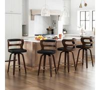 LUE BONA 360°Giratorio Juego de 4 Taburetes Altos de Cocina Madera,66cm Taburete de Bar con Reposapiés y Respaldo Reposabrazos,Madera Taburetes Cocina,para Cocina,Comedor,Bar,Negro + Nogal Oscuro