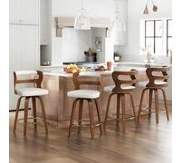 LUE BONA 360°Giratorio Juego de 4 Taburetes Altos de Cocina Madera,66cm Taburete de Bar con Reposapiés y Respaldo Reposabrazos,Madera Taburetes Cocina,para Cocina,Comedor,Bar,Blanco + Nogal