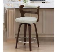 LUE BONA 360°Giratorio Taburetes Altos de Cocina Madera,66cm Taburete de Bar con Reposapiés y Respaldo Reposabrazos,Madera Taburetes Cocina,para Cocina,Comedor,Bar,Beige + Nogal Oscuro