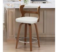 LUE BONA 360°Giratorio Taburetes Altos de Cocina Madera,66cm Taburete de Bar con Reposapiés y Respaldo Reposabrazos,Madera Taburetes Cocina,para Cocina,Comedor,Bar,Blanco + Nogal