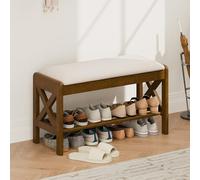 LUE BONA 80cm Banco Zapatero Madera,Zapatero Banco de Zapatos con Lino Cojín,Zapatos de Banco Zapatero con Almacenamiento para Sala de Estar,Dormitorio,Entrada,80 × 33× 46 cm,Beige