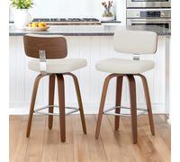 LUE BONA Juego de 2 Taburetes Altos de Cocina Madera,360°Giratorio 66cm Taburete de Bar con Reposapiés y Respaldo,Estructura de Madera Taburetes Cocina,para Cocina,Salón,Comedor,Bar,Blanco