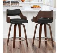 LUE BONA Juego de 2 Taburetes Altos de Cocina Madera,360°Giratorio 66cm Taburete de Bar con Reposapiés y Respaldo Reposabrazos,Madera Taburetes Cocina,para Cocina,Comedor,Bar,Negro + Nogal Oscuro