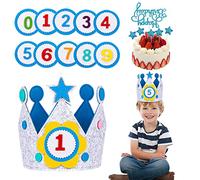 LUERFUN Corona de cumpleaños para niños, corona de cumpleaños, corona de tela, unisex, ajustable con números intercambiables, del 0 al 9 (azul)