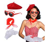 Lufdegim 4 piezas Rockabilly Accesorios Pantomime Disfraz Mujer 50 Disfraz Mujer 1950s Disfraz Set Rockabilly Accesorios Mujer Boina Rojo Gasa Bufanda Guantes Gafas