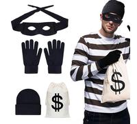 Lufdegim Disfraz de ladrón de banco, 4 piezas, disfraz de ladrón, disfraz de ladrón, disfraz con máscara para ojos, guantes, gorro de punto, saco de dinero para carnaval, piratas, ladrón, fiesta