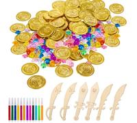 Lufdegim Juego de monedas de oro piratas, 100 piezas, 100 monedas de oro, 6 espadas piratas de madera y 12 lápices de colores para decoración de cumpleaños infantiles, cofre del tesoro dorado