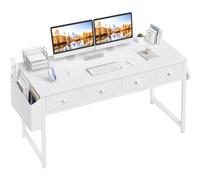 Lufeiya Pequeño escritorio blanco para computadora con cajones de tela para oficina en casa, dormitorio, escritorio de tocador de 47 pulgadas con cajón de almacenamiento y bolsa lateral, mesa de