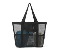 LUFFLOK Bolso de Playa Negro con Cremallera, Malla Grande Transparente Tote Bag para Mujeres y Niñas, Plegable Bolsa Juguetes Playa para Playa Viaje Compras (Negro)