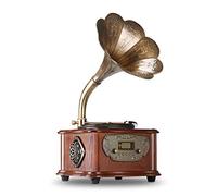 LuguLake Tocadiscos Retro Todo en uno, fonógrafo Vintage, gramófono nostálgico para LP con bocina de Cobre, Altavoz Integrado de 3,5 mm de Entrada Auxiliar/USB