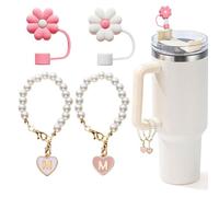 LUHOHI Abalorios para taza Stanley, 2 cadenas de perlas para accesorios de copa Stanley, mango con 2 fundas de pajita, decoración de botella de agua, joyería, vaso, decoración personalizada, etiqueta