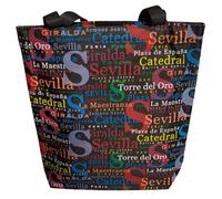 Luis Domínguez souvenirs Bolso de tela negro decorado con textos pequeños multicolor de lugares turísticos en Sevilla.