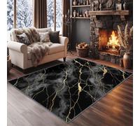 Lujosa alfombra antideslizante con diseño de venas de fisura dorada | Alfombra lavable de pelo corto de mármol negro para oficina, cocina, dormitorio, comedor