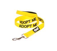 Lujosa correa de color amarillo con el texto en inglés "Adopt Me" de neopreno acolchado para perros que evita accidentes al avisar de antemano a los demás acerca de tu perro