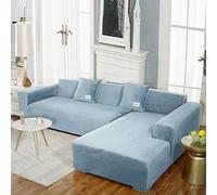Lujosa Terciopelo Funda para Sofá en Forma de L, Elástica Suaves Fundas para Sofá Chaise Longue con Fondo elástico Color Liso Funda Sofa Lavable Protector para Sofá-azul claro-2 Plazas+3 Plazas