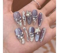 Lujosas Uñas Acrílicas de ojo de Gato de Color Morado con Diamantes y Cuentas de Acero: Tips Uñas Acrilicas, Uñas Postizas, Lujo Artesanal(L)