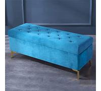 Lujoso banco de almacenamiento de terciopelo con botones de cristal moderno otomano copetudo para almacenamiento de zapatos para dormitorio y entrada, color azul, 35 x 17 x 18 pulgadas