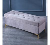 Lujoso banco de terciopelo gris con almacenamiento, botón de cristal, reposapiés acolchado y parte superior elevable, asiento moderno para dormitorio para extremo de cama, perfecto para espacio para