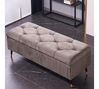 Lujoso banco otomano de almacenamiento de terciopelo gris, moderno asiento tapizado para entrada con compartimento oculto, perfecto para dormitorio y sala de estar, 100 x 45 x 45 cm