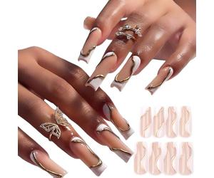 Lujoso juego de arte a rayas blancas y doradas, apliques de punta francesa 3D, juego de herramientas cuadradas largas proporcionadas para Halloween