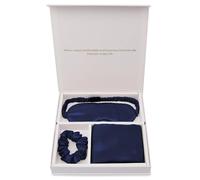 Lujoso Juego de Viaje Con Funda de Almohada de Seda - Caja de Regalo para Cuidar El Cabello Y La Piel - Fundas de Almohada de Seda/MáScara de Ojos de SatéN/Coleteros(Navy Blue)